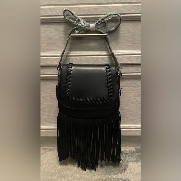 Vegan Black Fringe Leather Bag - Picture 1 of 5